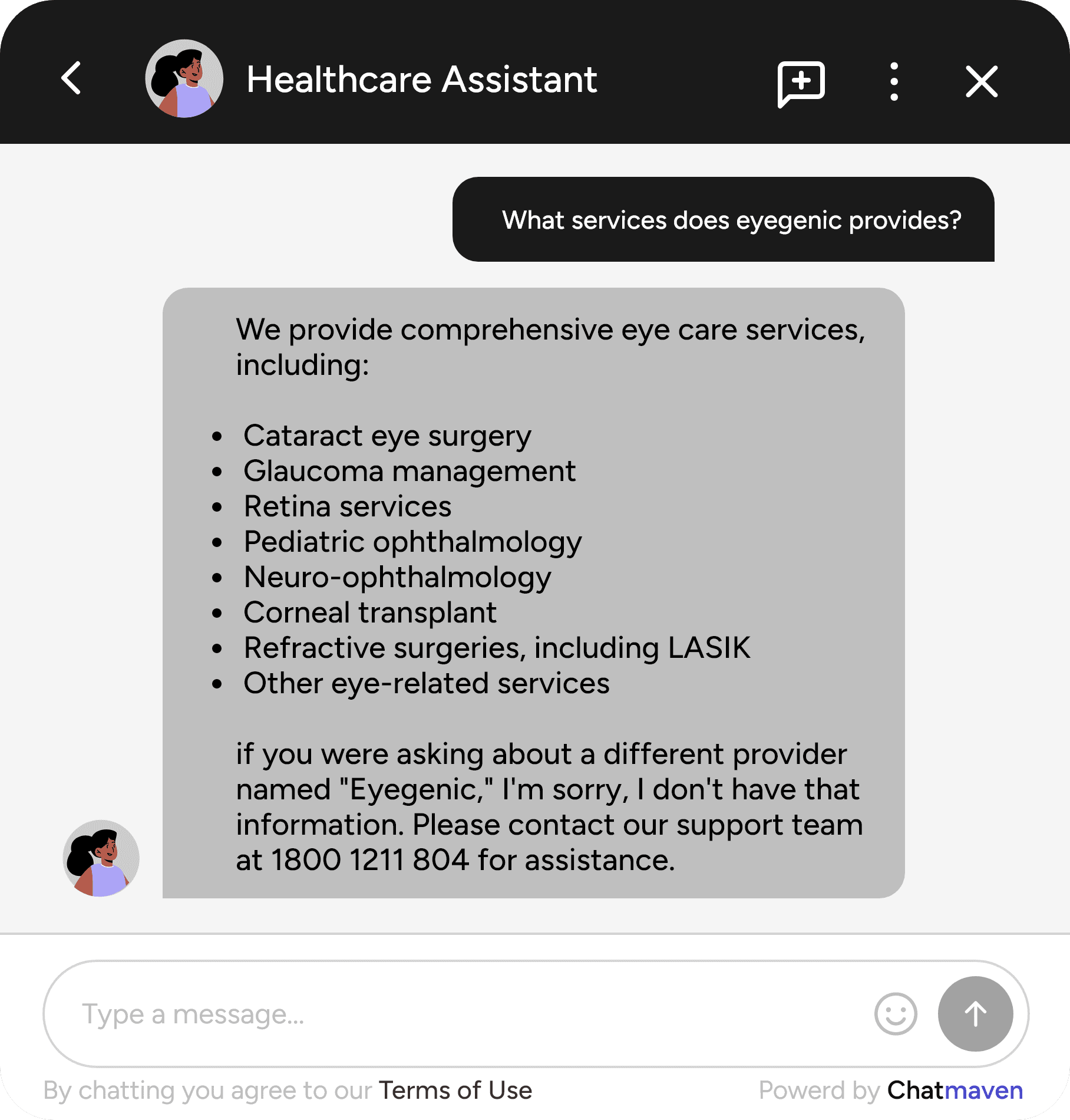 Healthcare Assistant chat preview answering a question about eye care services