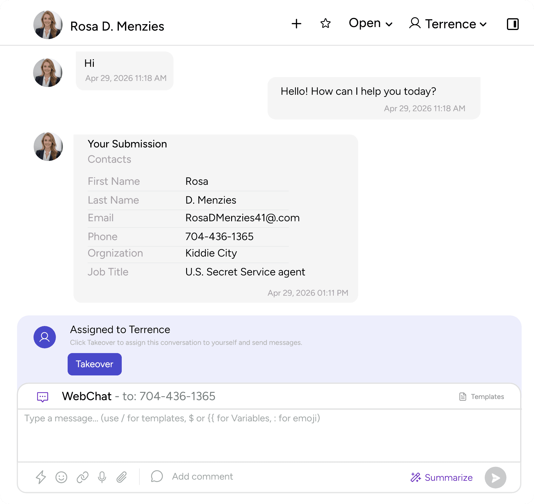 Human handoff preview showing contact submission, agent assignment to Terrence, and takeover action