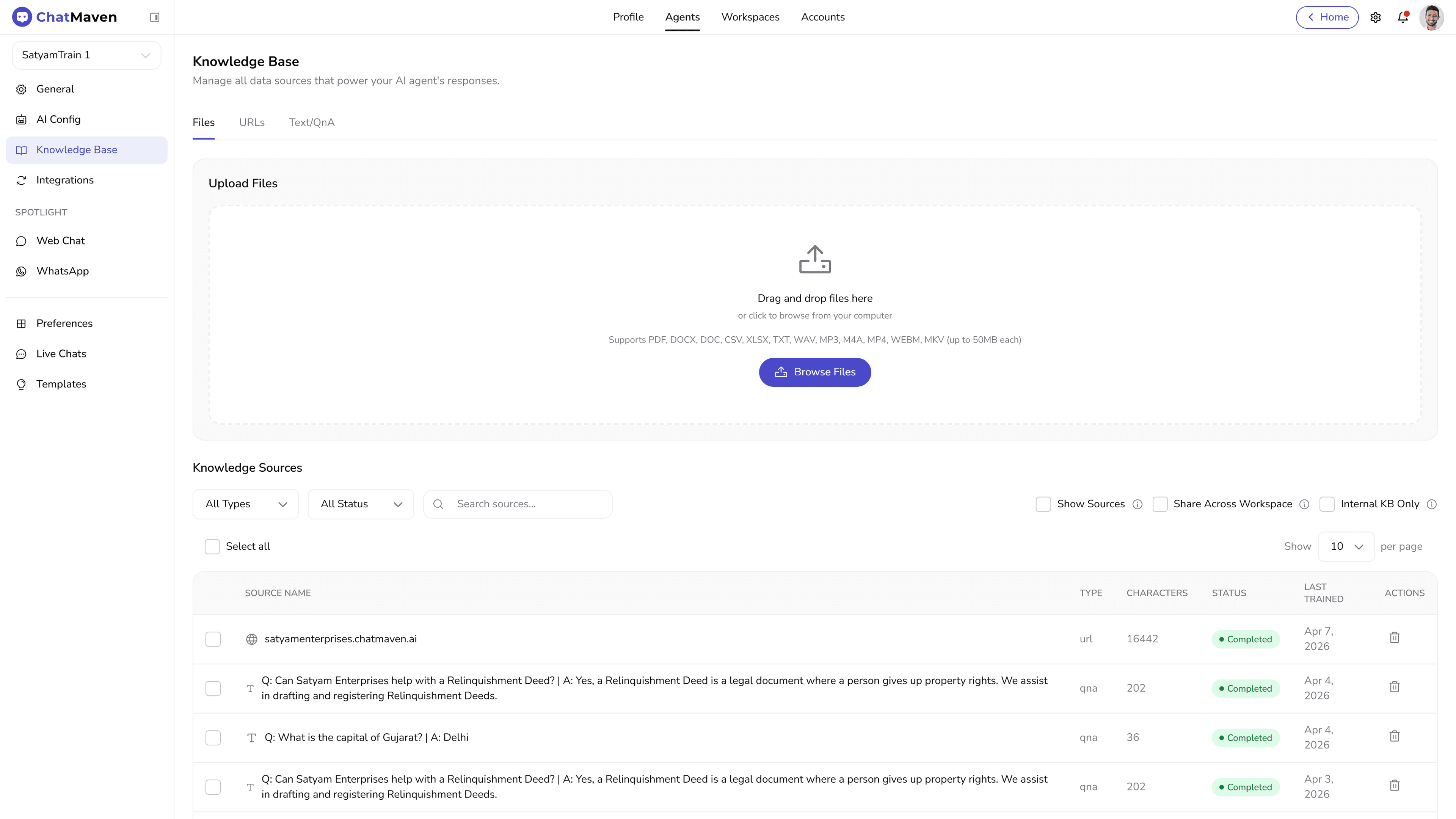 ChatMaven Knowledge Base: upload files, URLs, and Q&A sources