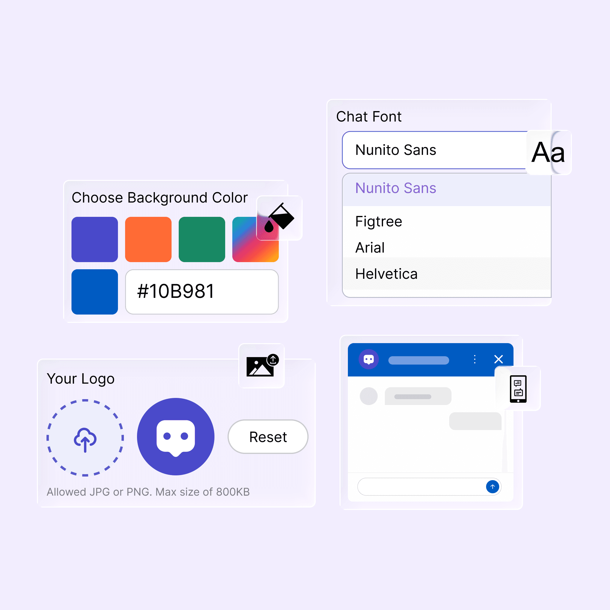 Custom branding preview—widget and surfaces aligned to your visual identity